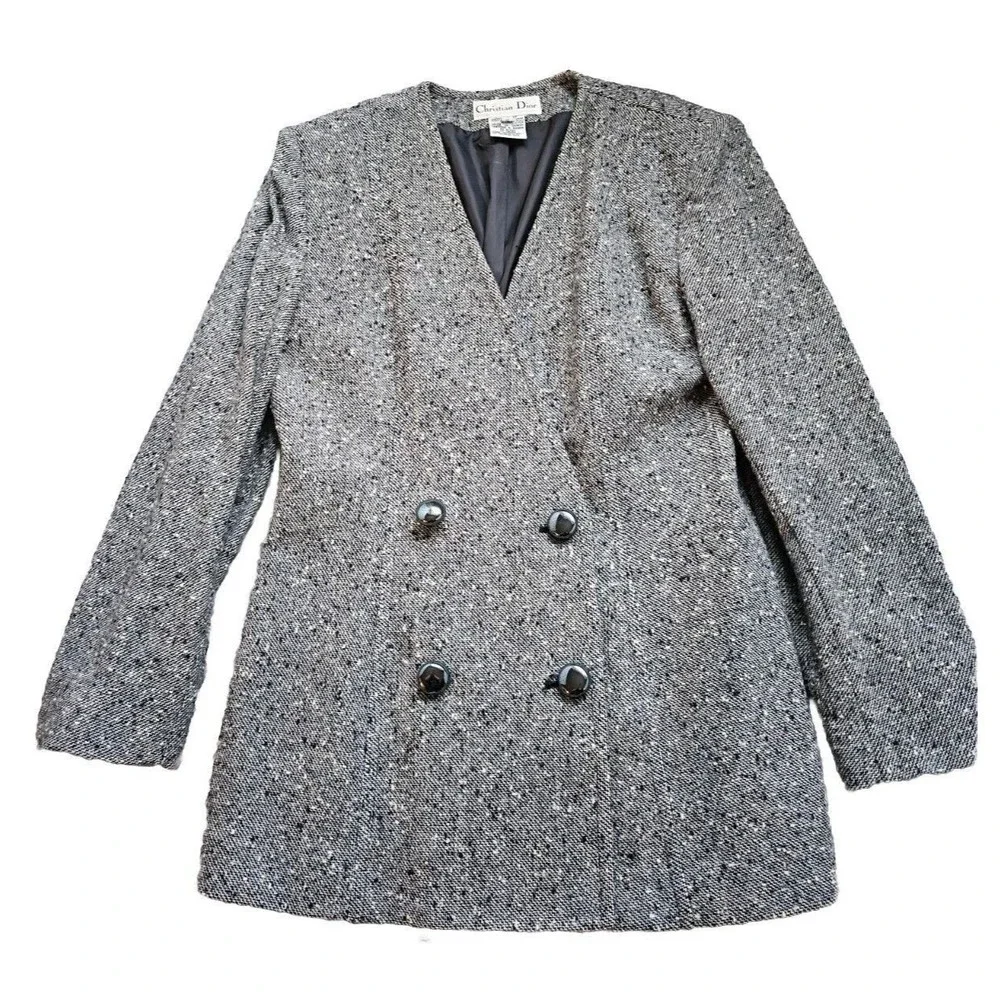 Vintage Christian DIOR Skirt Blazer Suit Set Size 8 Speckled Tweed Wool Blend